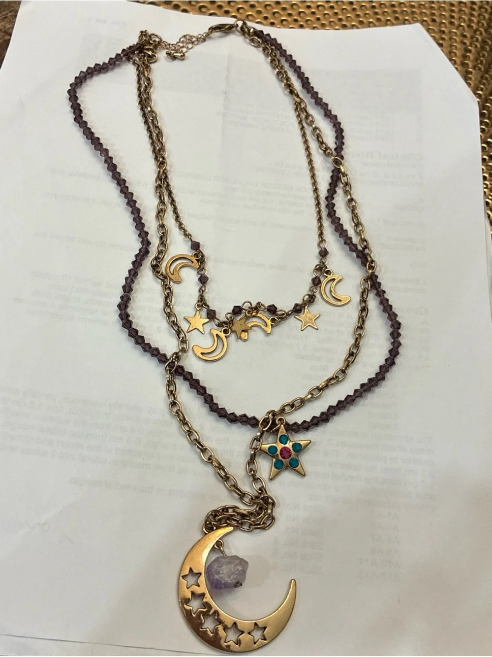 Boho Celestial Moon & Stars Layered Necklace Purple Raw Stone Gold Tone Pendant
